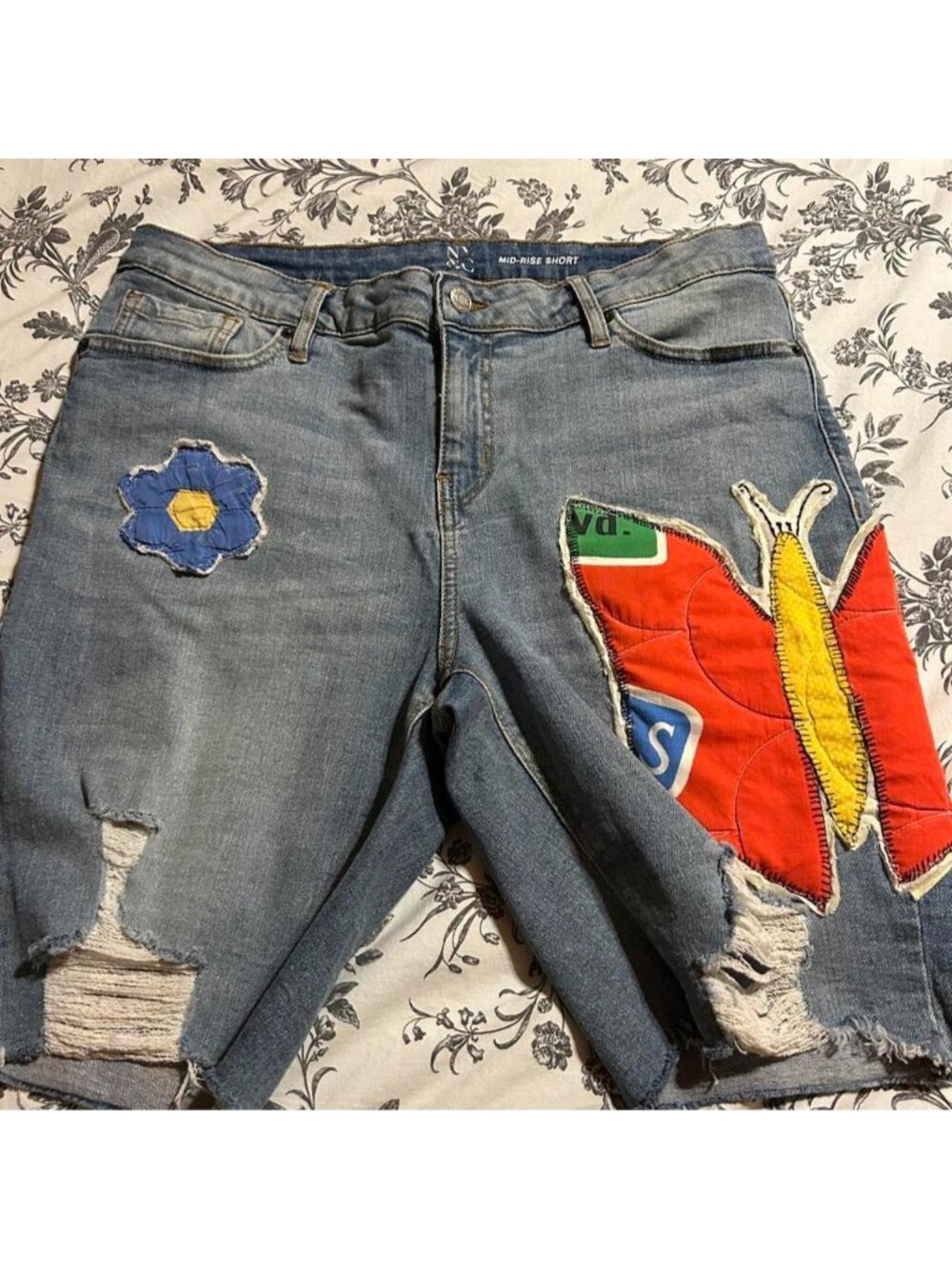 NY&Co denim shorts with vintage quilt bitterly sewn on. Size 12